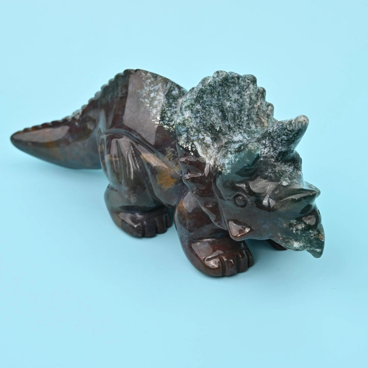 Agate dinosaur carving, Triceratops figurine, 8 inches long.