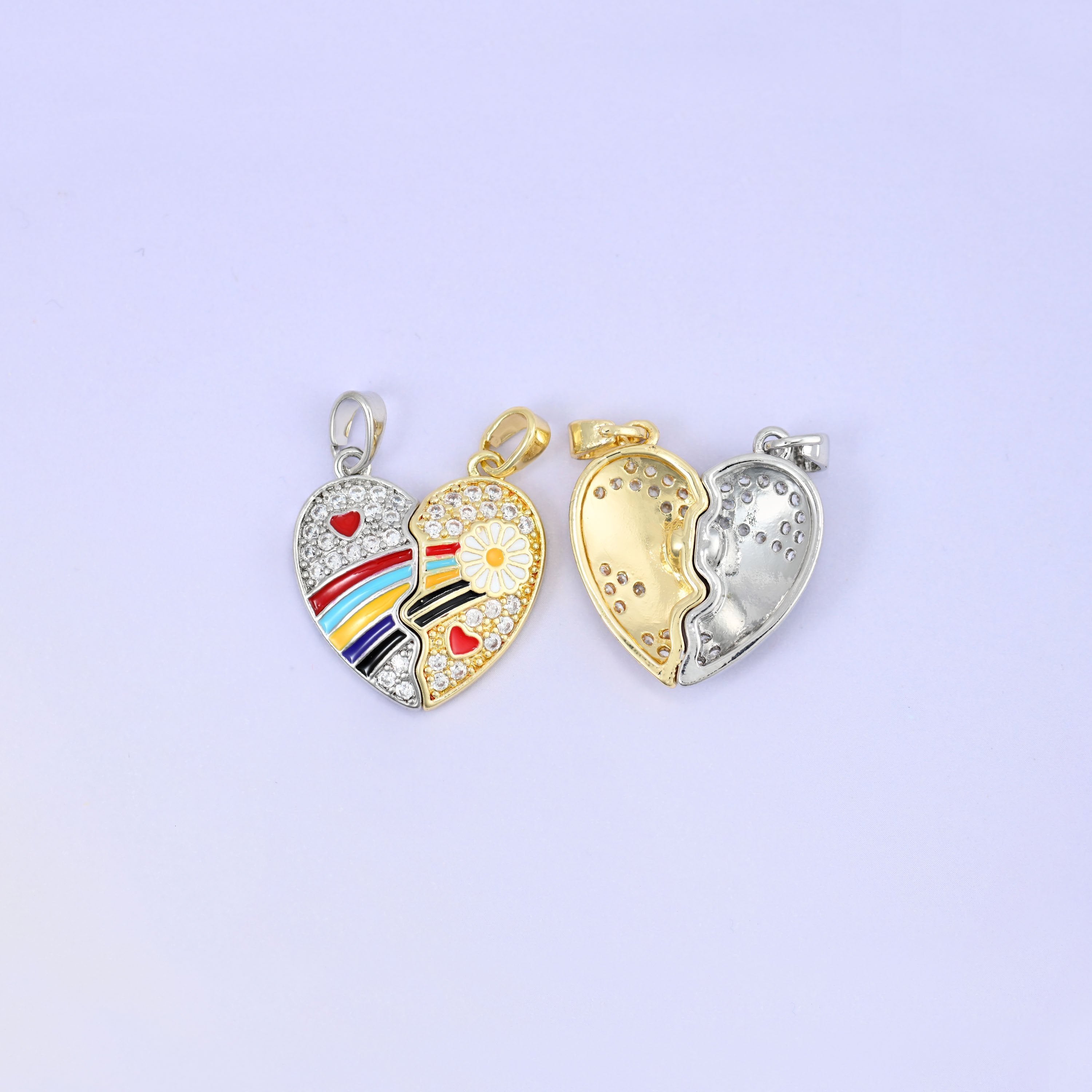 Magnetic Enamel Friendship Heart Zircon Pendants pave set with clear zircons