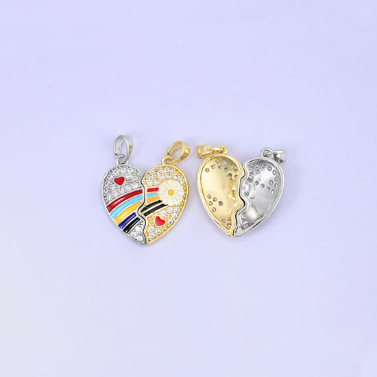 Magnetic Enamel Friendship Heart Zircon Pendants pave set with clear zircons
