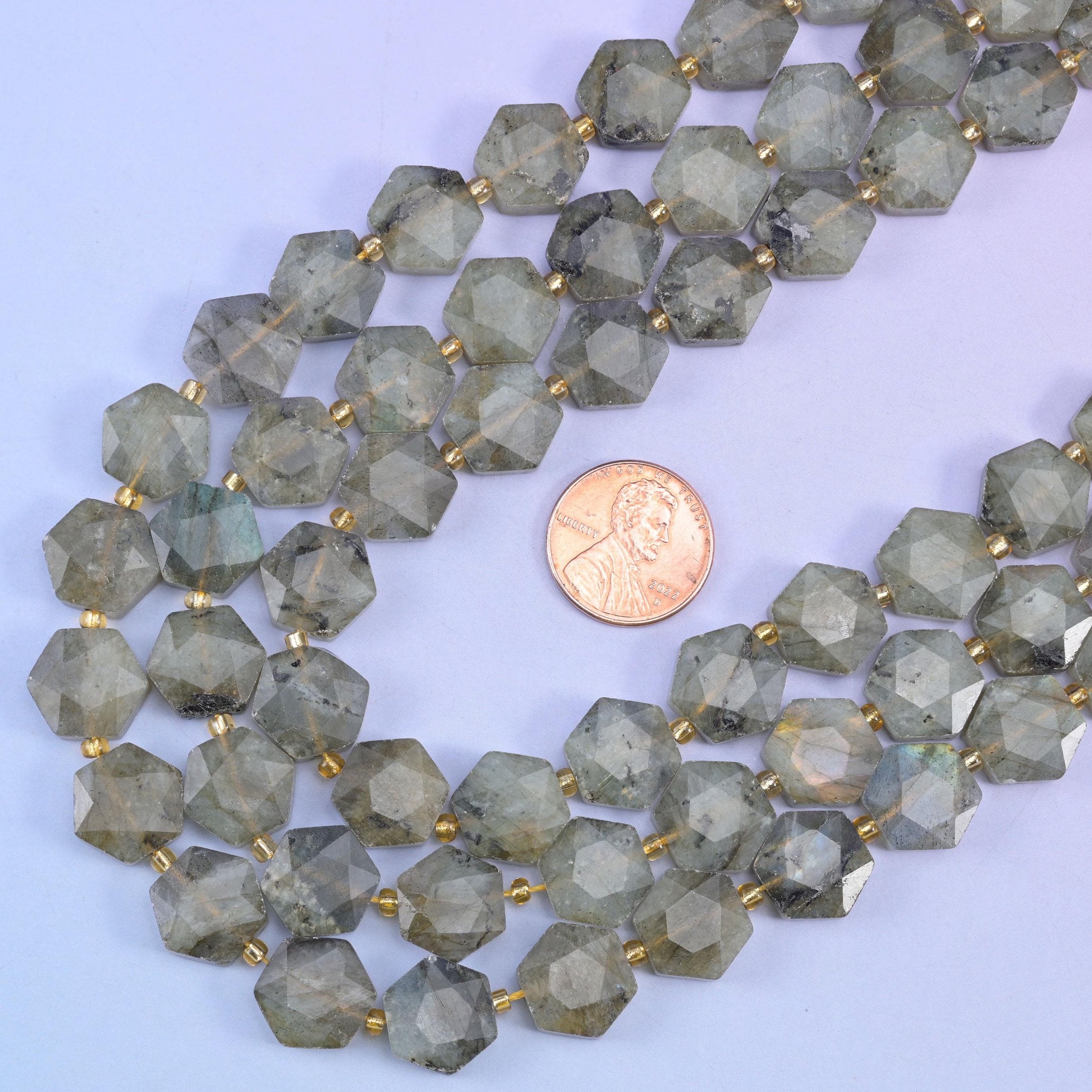 Gray labradorite hexagon beads, 15.5 inch strand