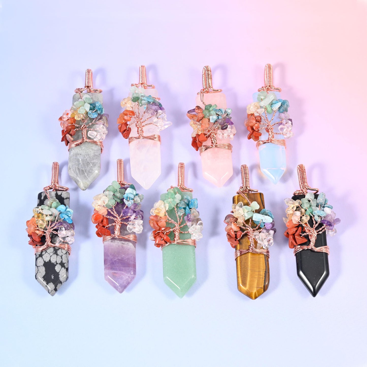 Copper Wired Gemstone Chip Tree Point Pendant