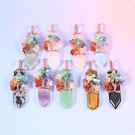 Copper Wired Gemstone Chip Tree Point Pendant