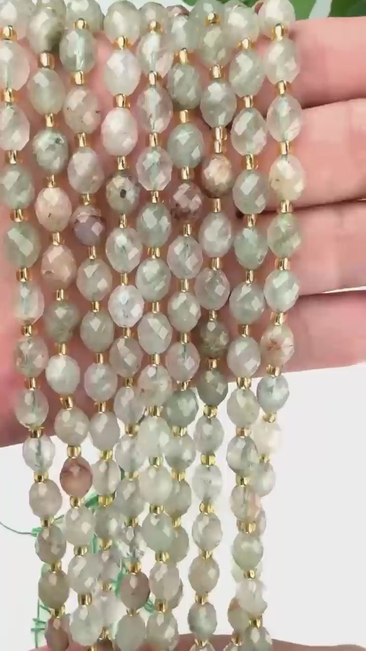 Green Rutilated Quartz Faceted Rice Barrel Beads, hole approximately 1.0mm