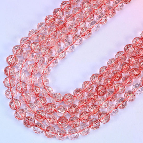 Transparent Red Faceted Round Glass Beads, 15 inch strand