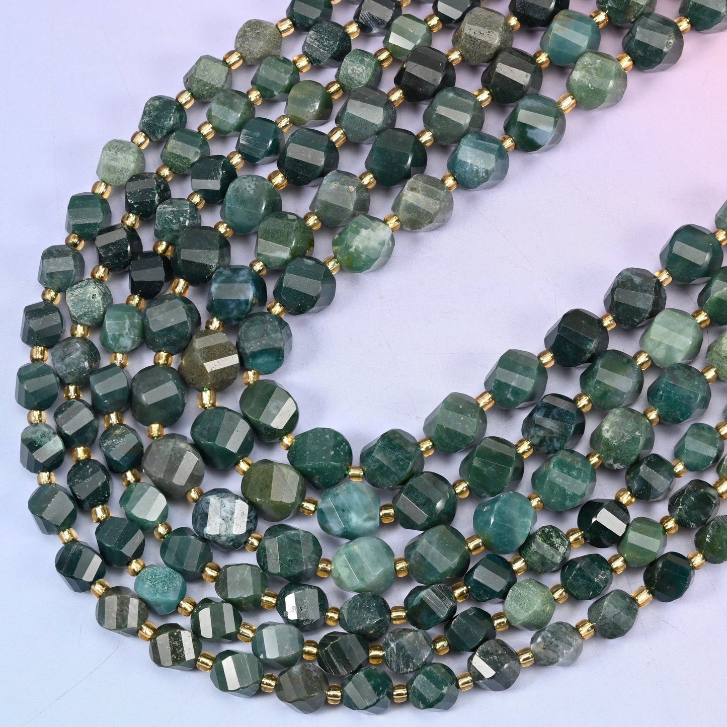 Moss Agate faceted spiral twist beads, 15 inch strand