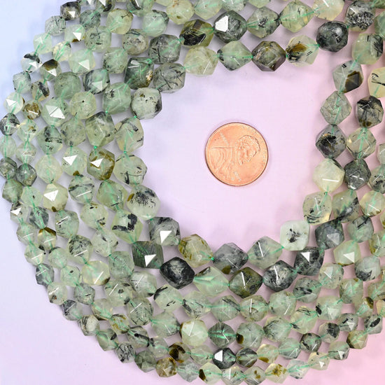Green Prehnite Faceted Diamond Star Cut Beads, sold per 15.5 inch strand