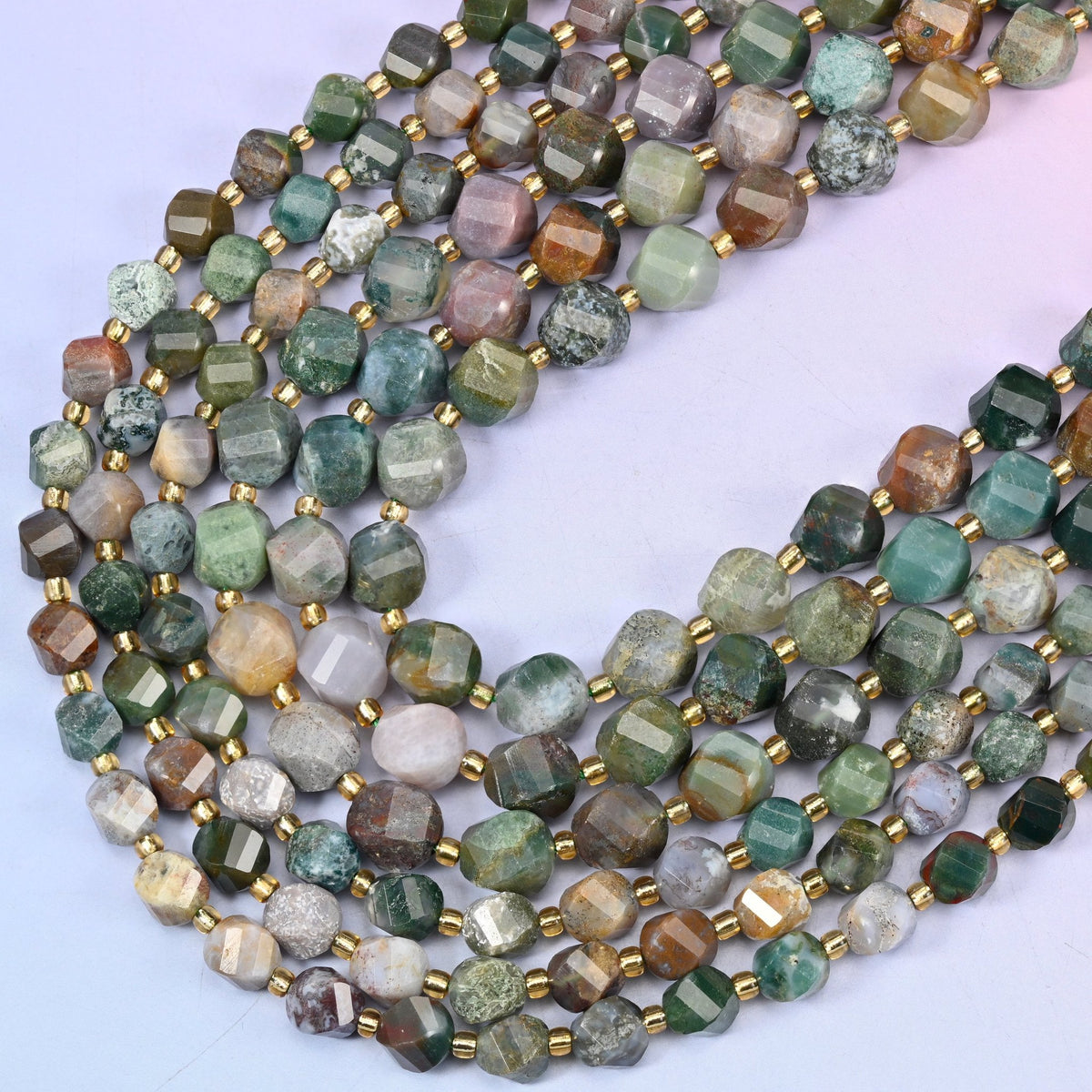 Indian Agate faceted spiral twist beads, 15 inch strand