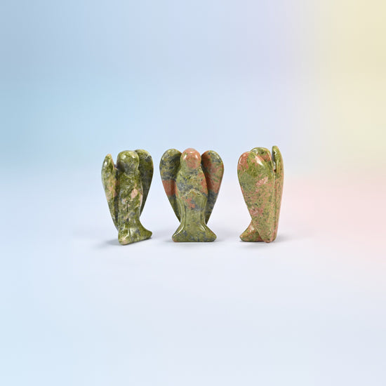 Three natural unakite guardian angel carvings, green and salmon pink, 2 inch