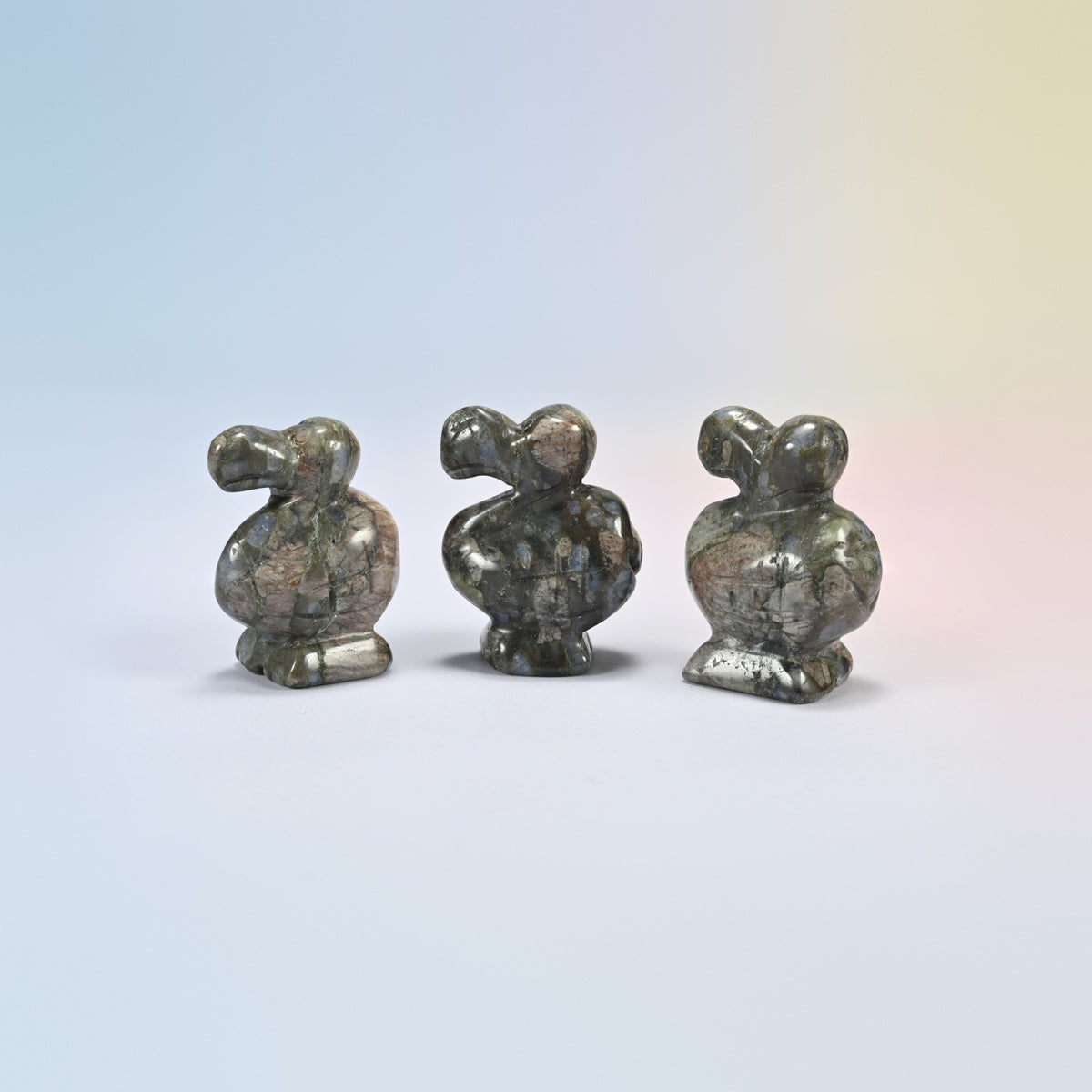 Three blue labradorite dodo bird crystal carvings, 1.5 inch, speckled gray natural stone