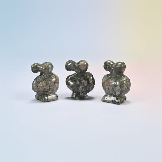 Three blue labradorite dodo bird crystal carvings, 1.5 inch, speckled gray natural stone