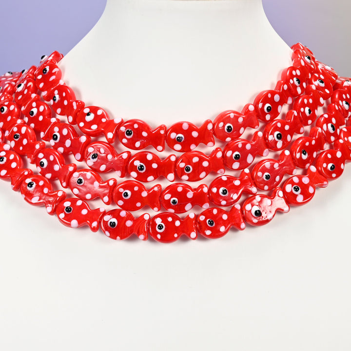Tomato-red fish glass beads, 19x12mm