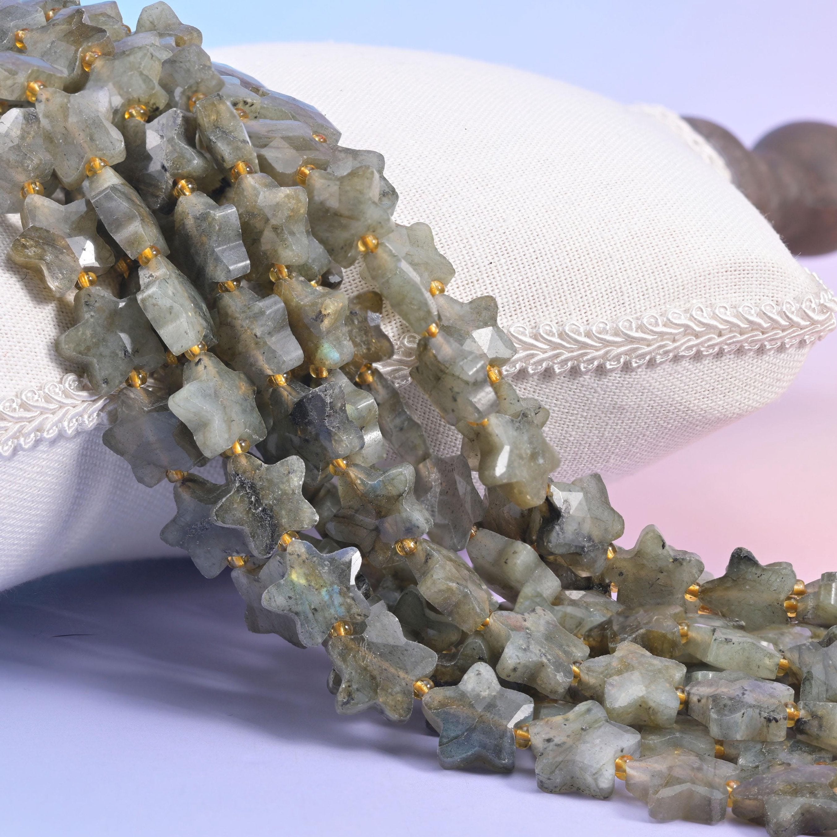 Gray Labradorite Faceted Star Beads, natural stone with dove grey and charcoal streaking