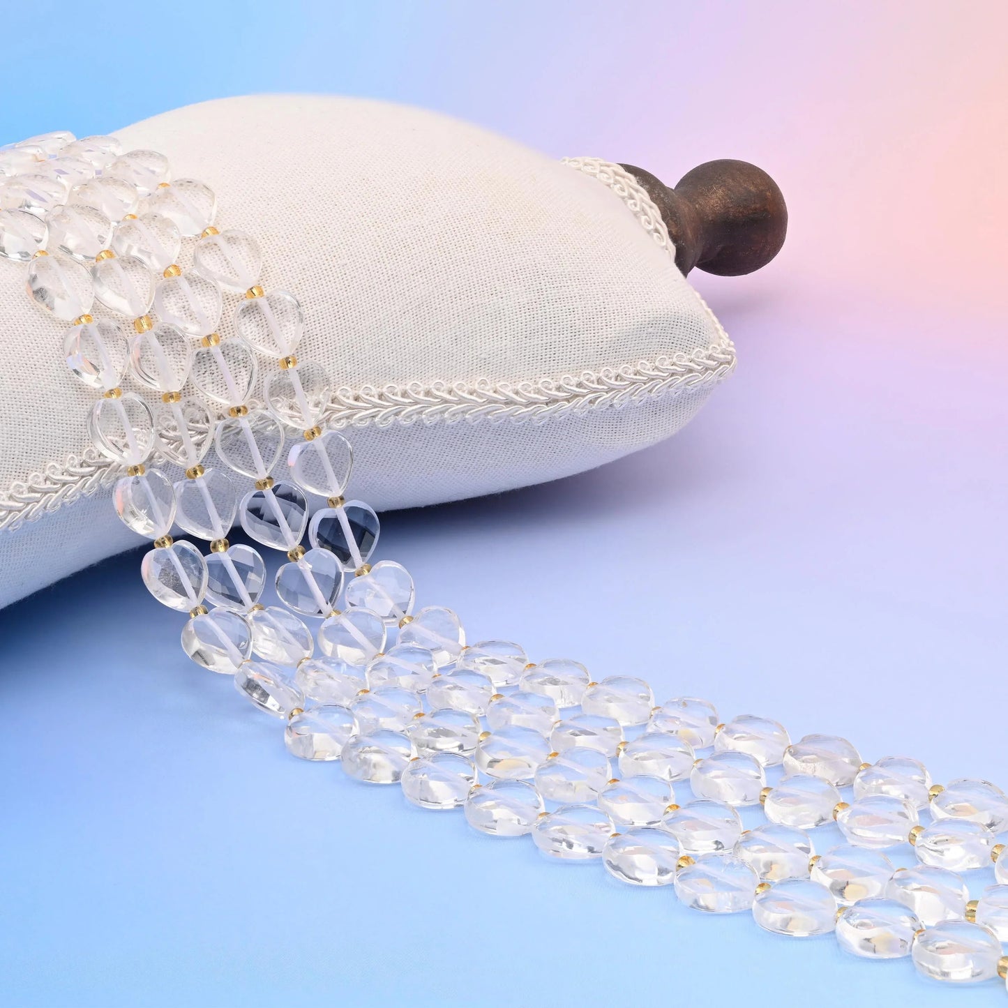 Natural Clear Quartz faceted heart beads, colourless and transparent with a glassy polish