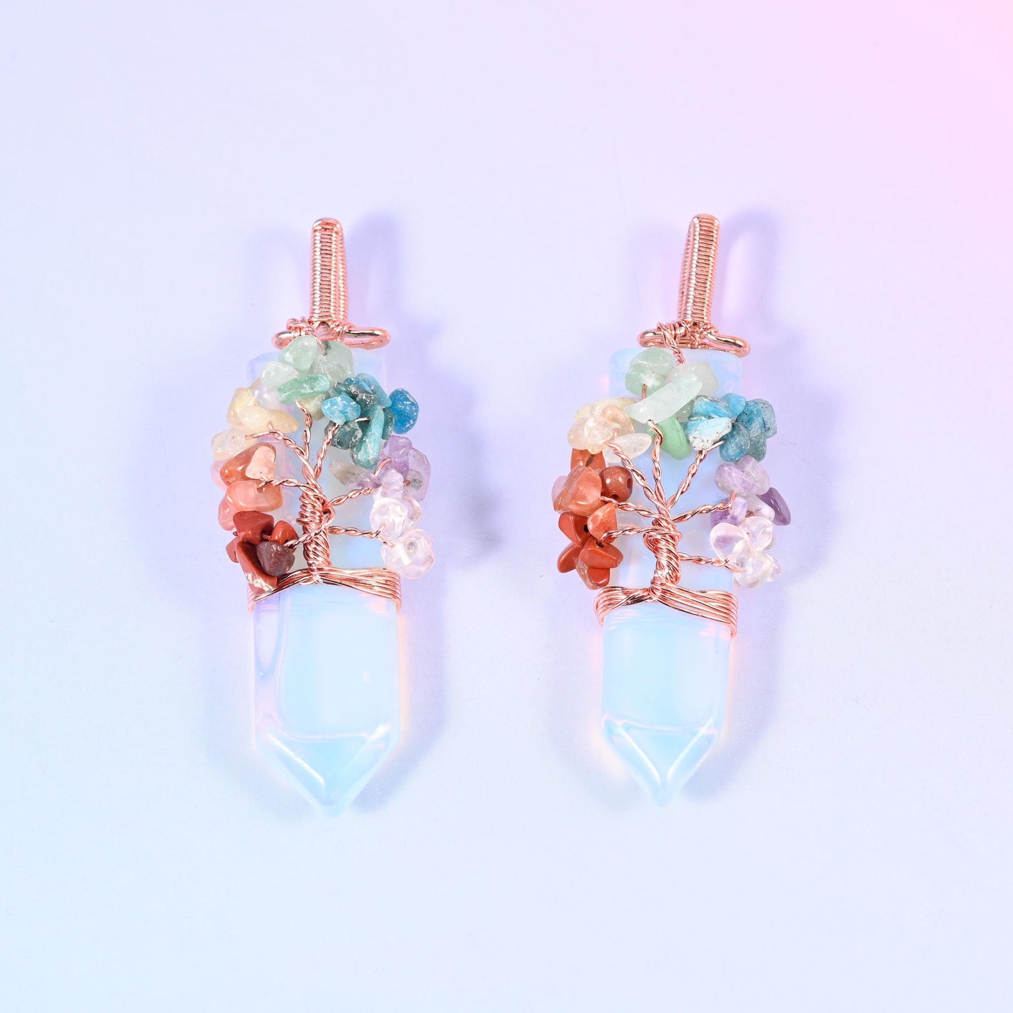 Copper Wired Gemstone Chip Tree Point Pendant, available in green aventurine, amethyst, tiger eye, snowflake obsidian, rose quartz and clear quartz