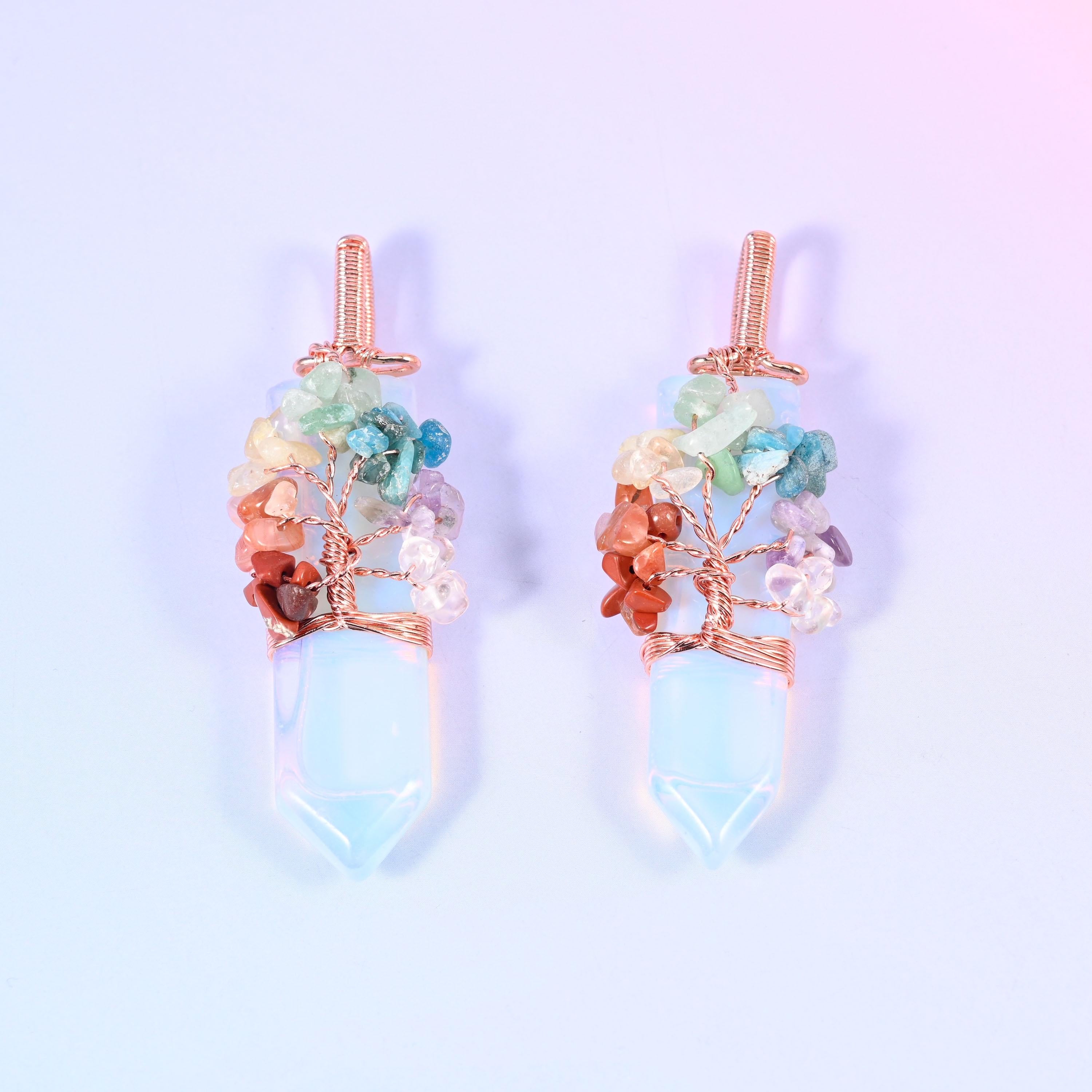 Copper Wired Gemstone Chip Tree Point Pendant, available in green aventurine, amethyst, tiger eye, snowflake obsidian, rose quartz and clear quartz