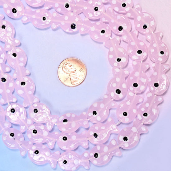 Transparent Pink with White Dot Fish Glass Beads, 20 beads per strand