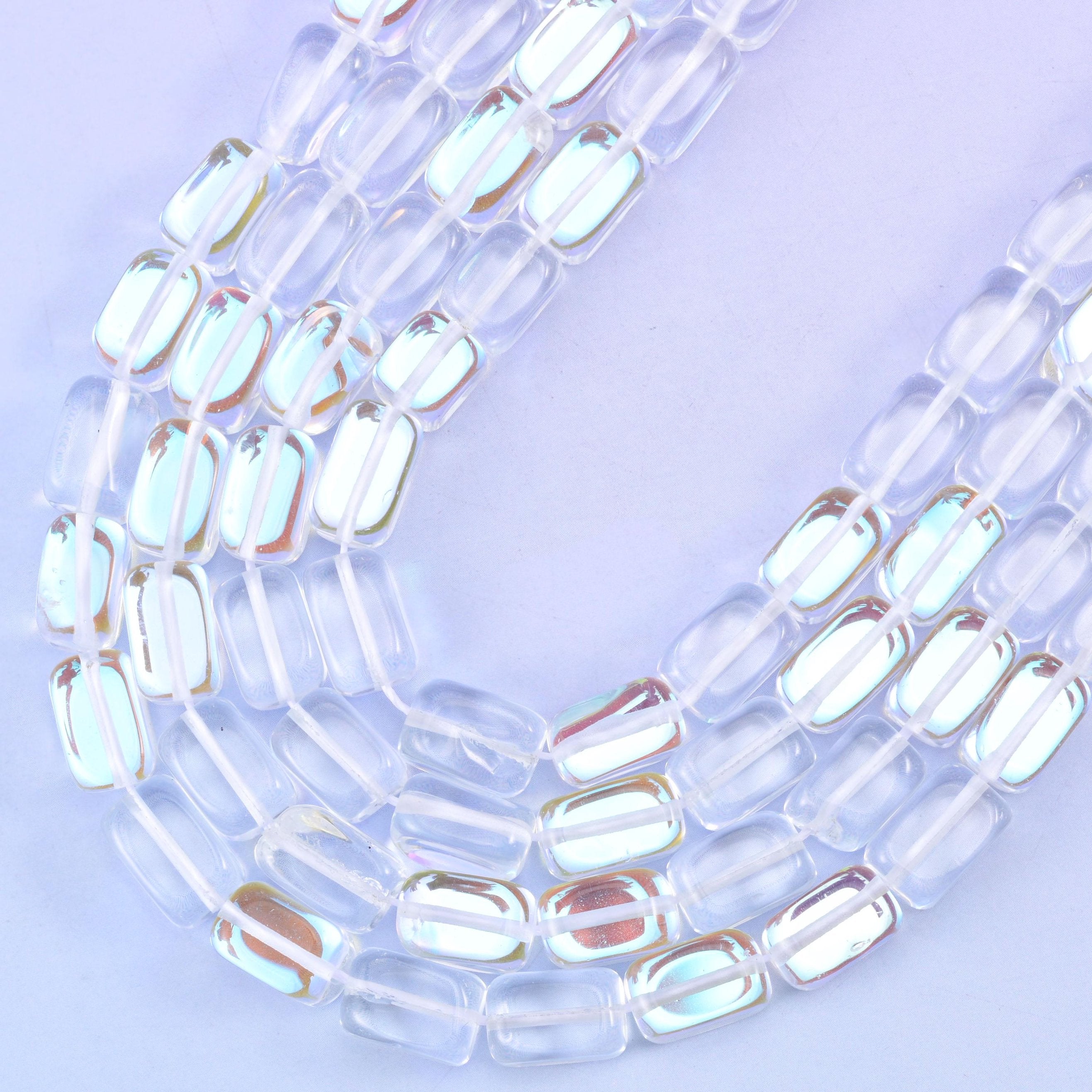 Clear Mystic Aura Rectangle Glass Beads 10-12mm, hole approximately 1.0mm, centre drilled