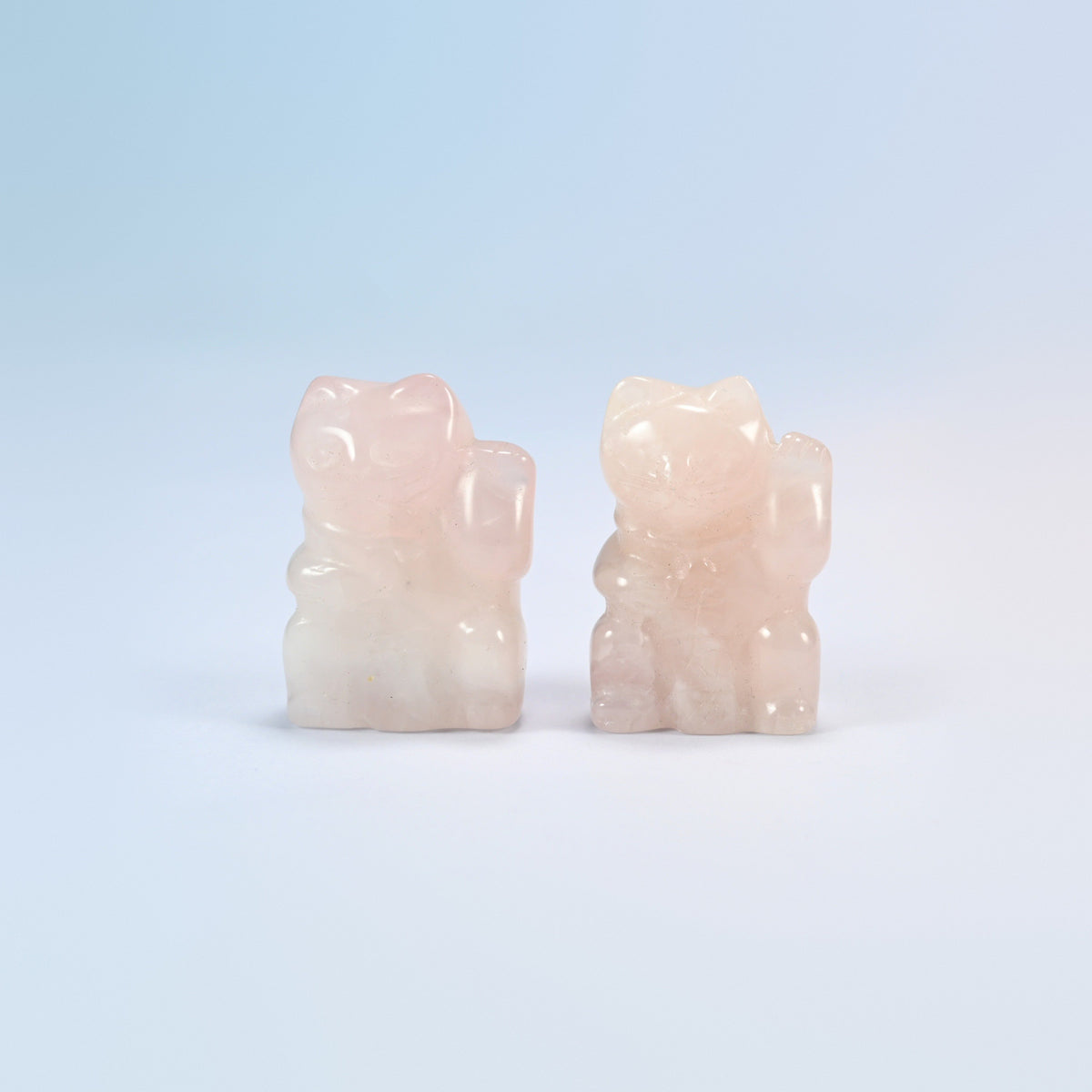 Two natural rose quartz lucky cat crystal carvings, 1.5 inch, light pink