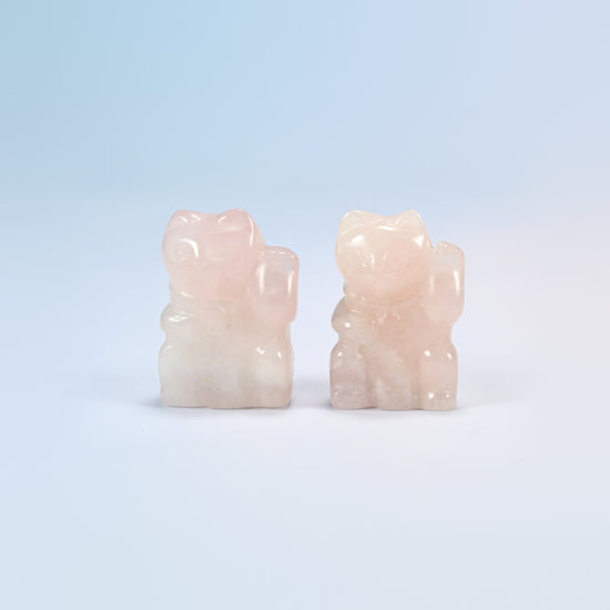 Two natural rose quartz lucky cat crystal carvings, 1.5 inch, light pink