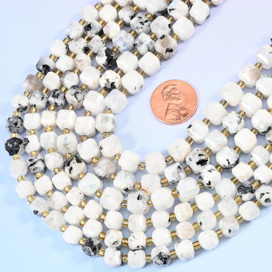 Faceted cube with cut corners cut blue moonstone beads