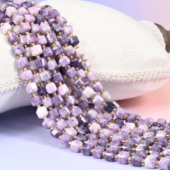 Lepidolite Faceted Cube Beads, soft lilac and dusty violet with silvery mica flecks