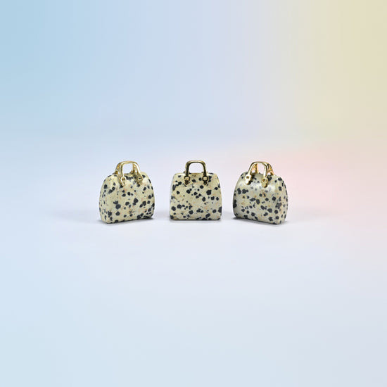 Three dalmatian jasper purse crystal carvings, 1 inch, cream natural stone with black spots, gold-tone handle