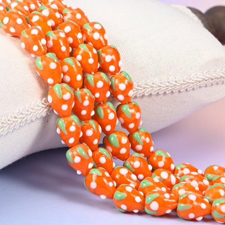 Orange White Dots Strawberry Glass Beads