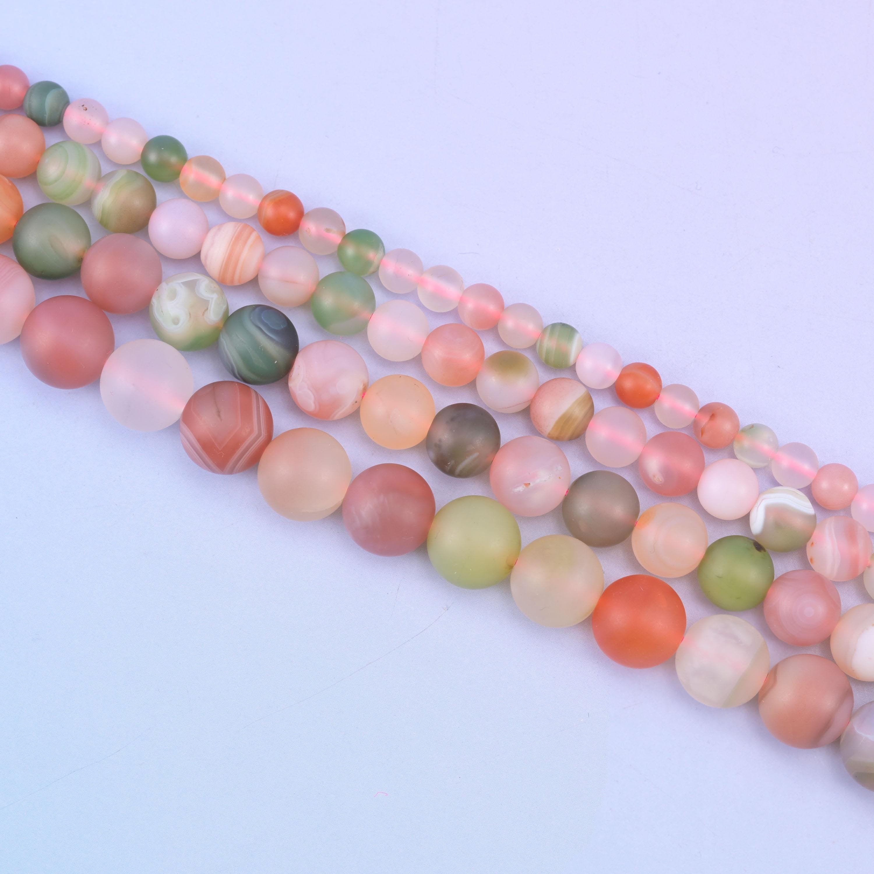 Multi-Color Yanyuan Agate Matte Round Beads in blush pink, coral, sage green and cream