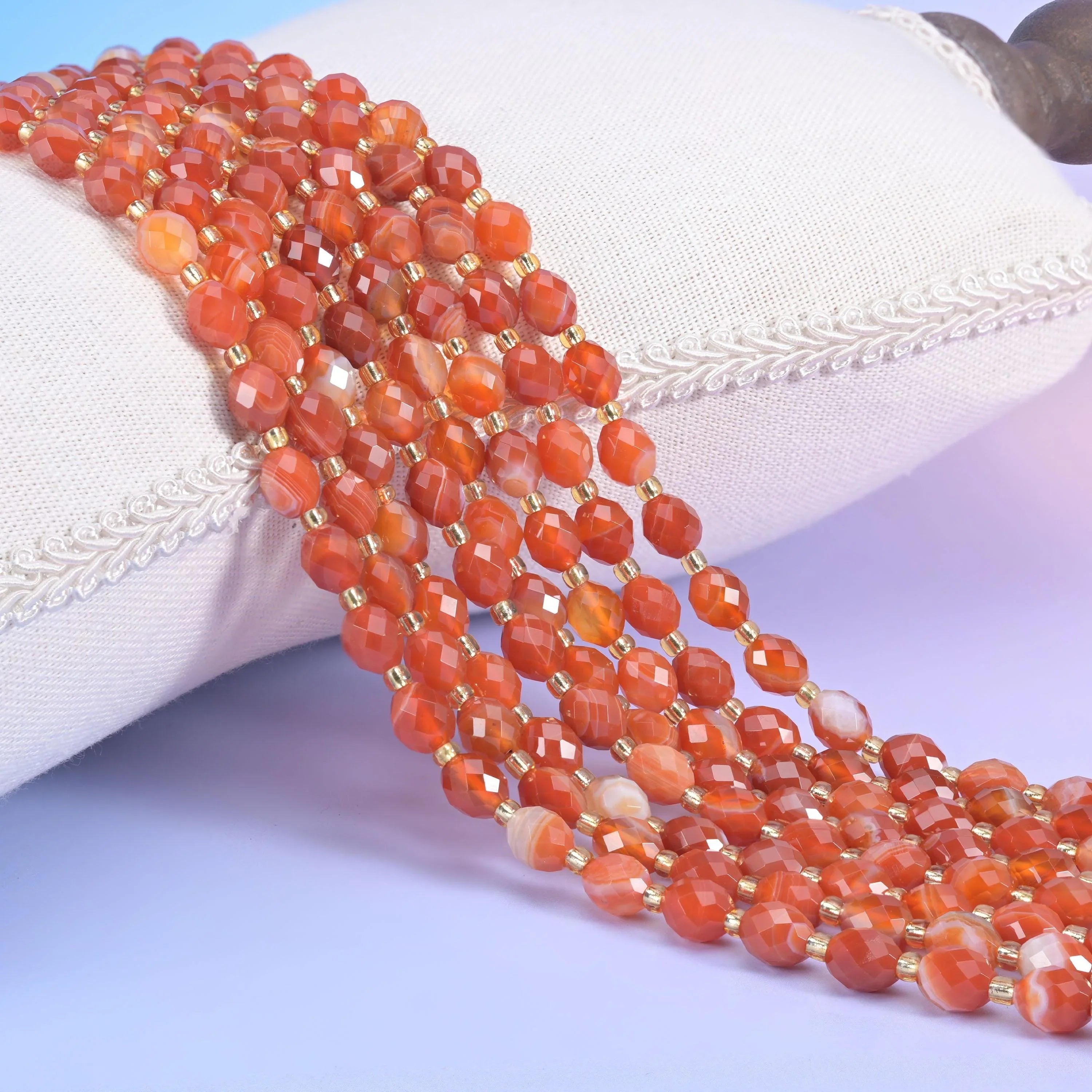 Dyed Red Stripe Agate Faceted Rice Barrel Beads