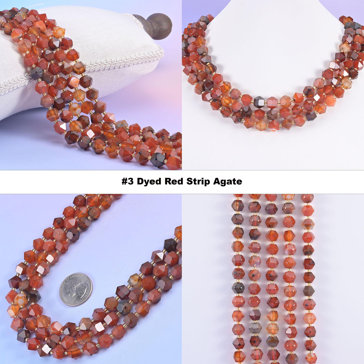 Faceted 8 sides diamond rhombus beads in dyed red strip agate, option 3 shown in four views on a cushion and a white neck display.