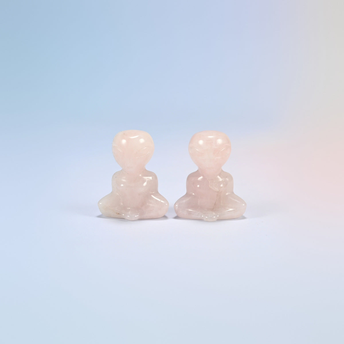 Two natural rose quartz yoga alien crystal carvings, 1.5 inch, light pink