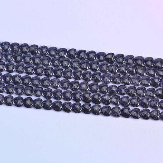 Blue Sandstone Heart Beads 6mm in deep midnight blue with dense copper glitter flecks