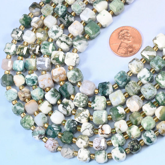 Faceted cube cut Tree Agate beads