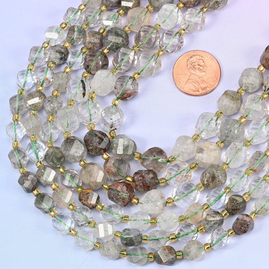 Faceted spiral twist cut Green Phantom Quartz beads