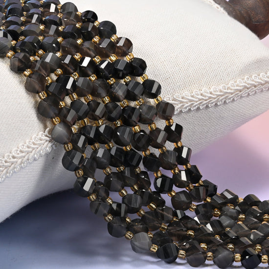 Ice obsidian natural stone beads, 8mm faceted spiral twist, smoky translucent brown-black gemstone strand for jewelry making