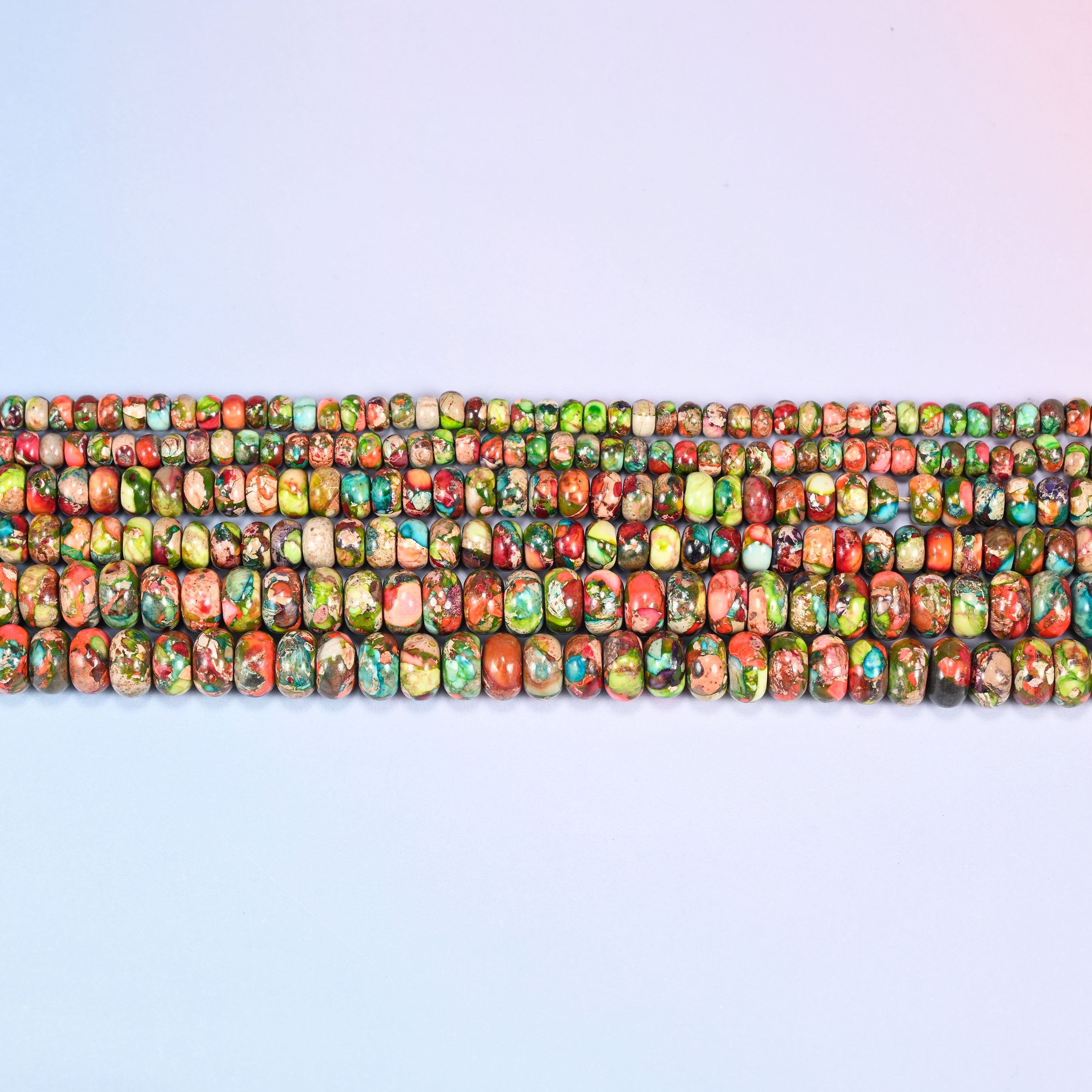 Green Dyed Sea Sediment Jasper Rondelle Beads in apple green, coral red, orange and turquoise