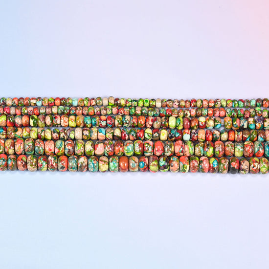 Green Dyed Sea Sediment Jasper Rondelle Beads in apple green, coral red, orange and turquoise