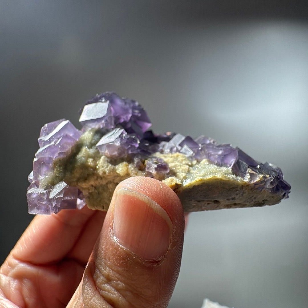 The 4.8 oz cluster balanced on a fingertip, giving a sense of its palm-sized width