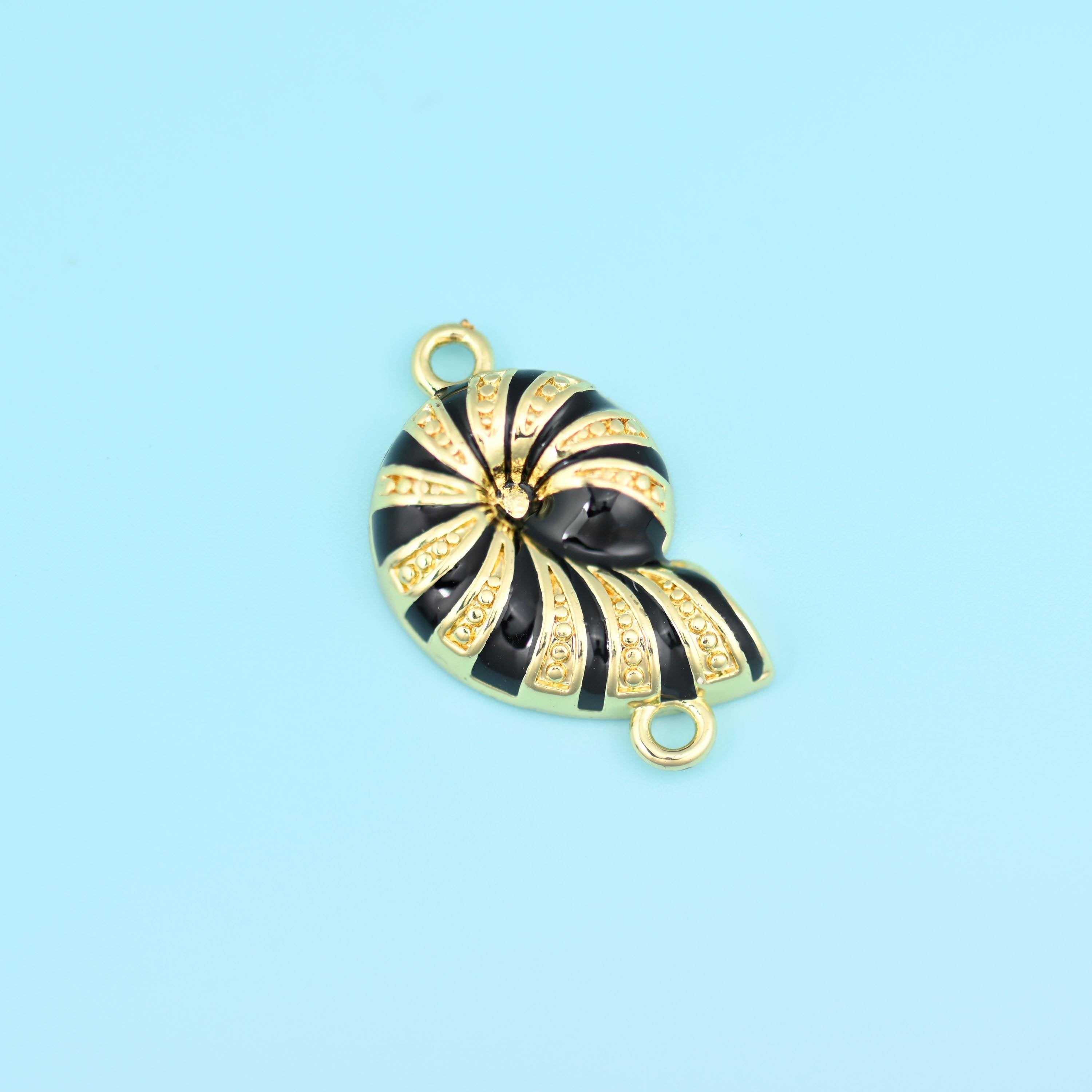18K Gold Filled Black Enamel Sea Snail Shell Charm Connector 19x11mm, sold per piece