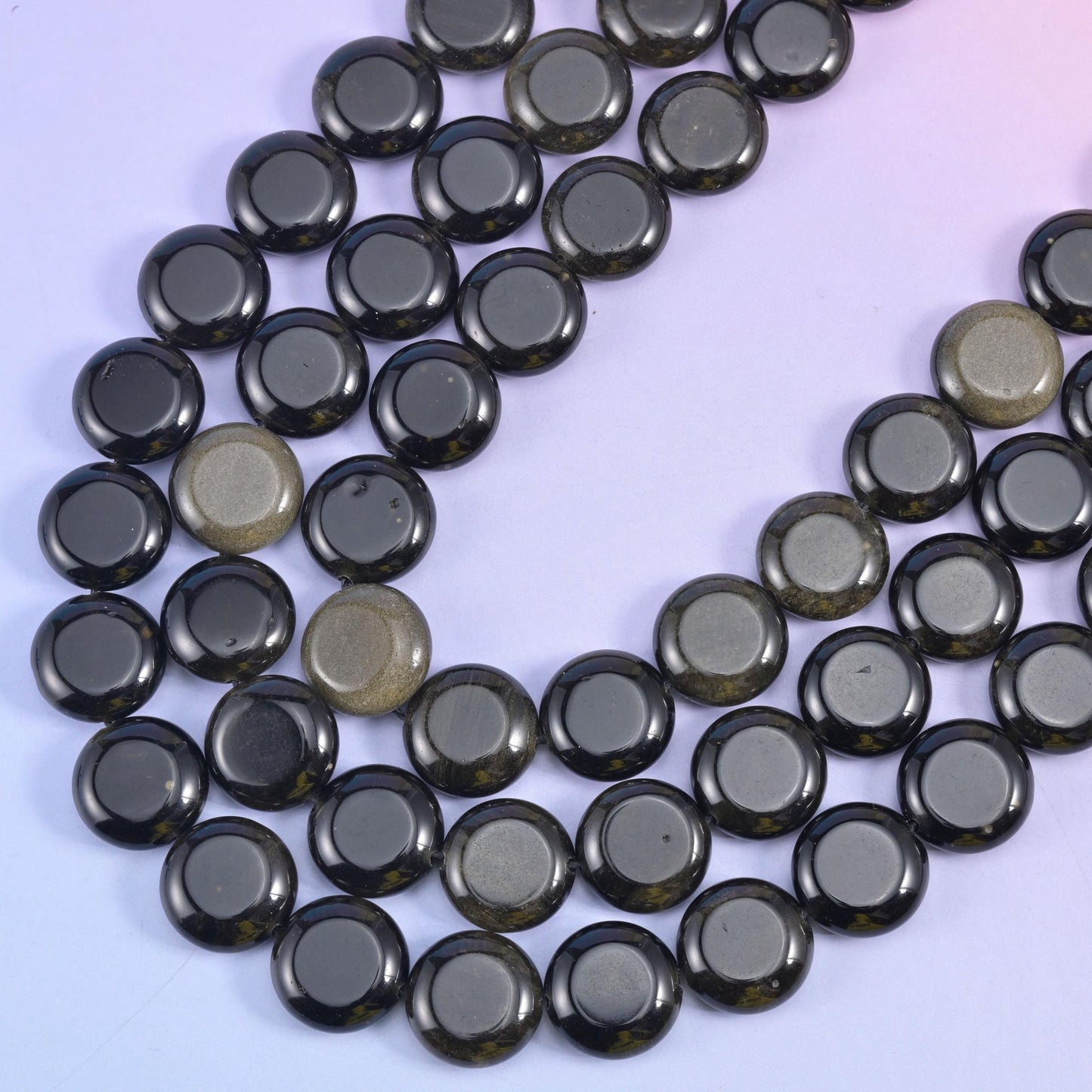 Gold Obsidian coin beads, 1.2mm centre-drilled hole