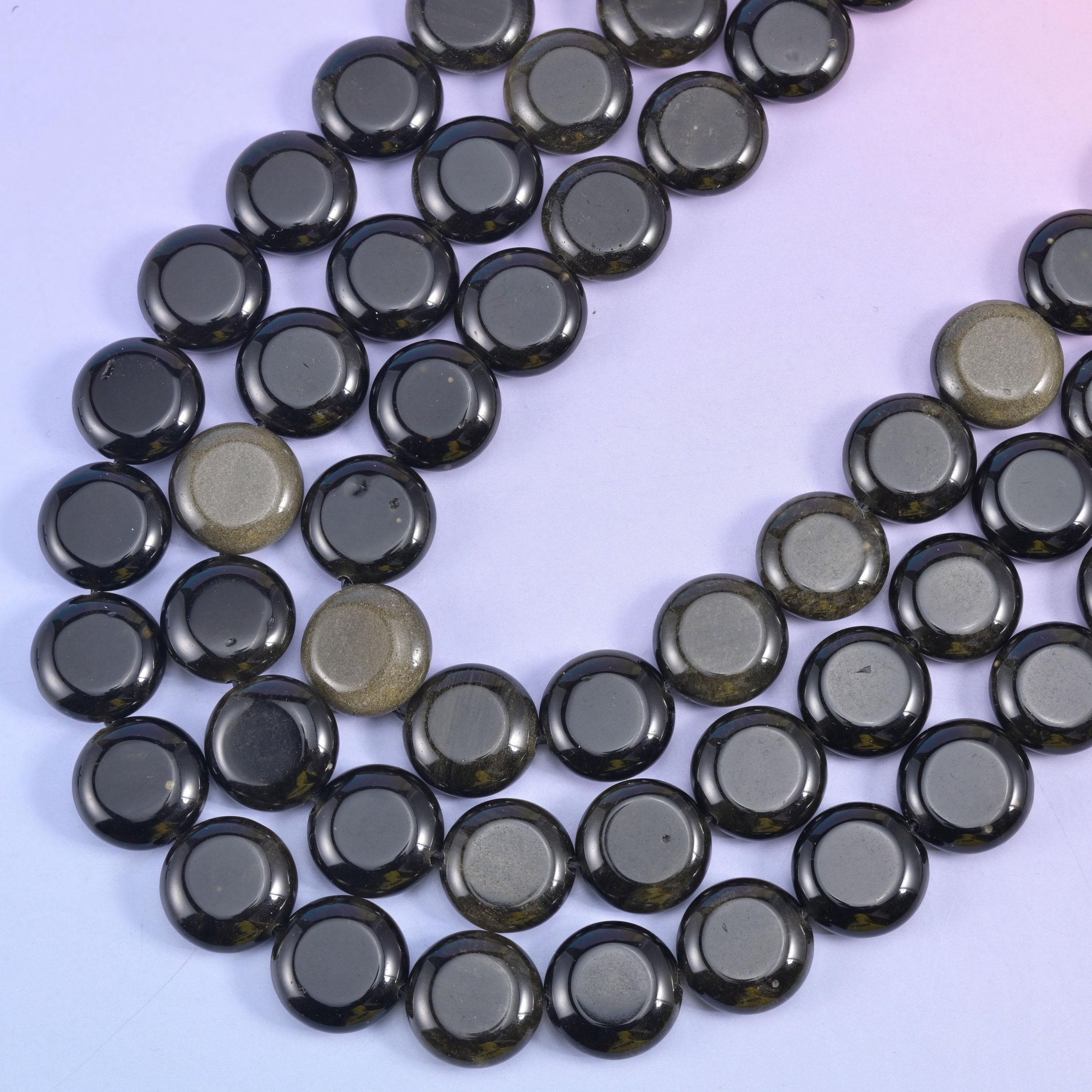 Gold Obsidian coin beads, 1.2mm centre-drilled hole