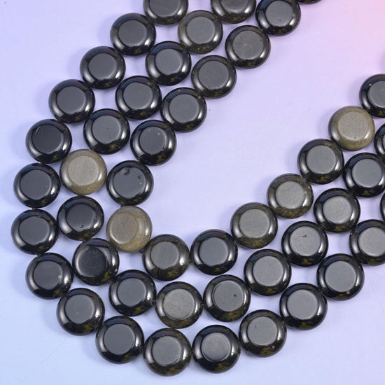 Gold Obsidian coin beads, 1.2mm centre-drilled hole