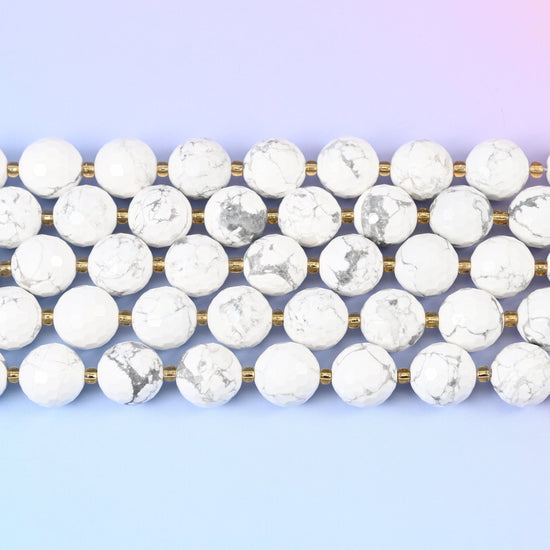 White howlite faceted round beads in chalky white with grey-charcoal veining