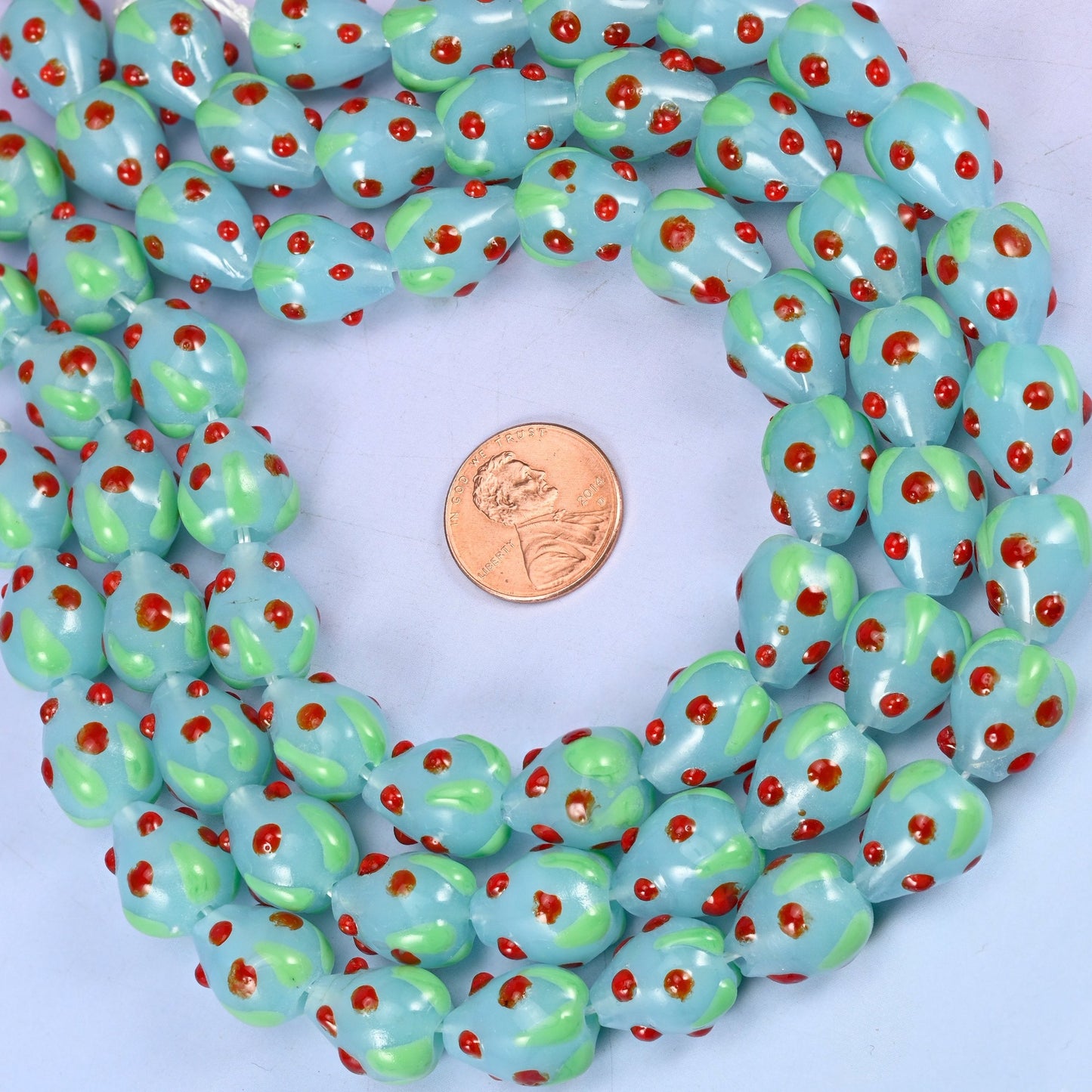 Light Blue Red Dots Strawberry Glass Beads, sold per 12 inch strand, 20 beads