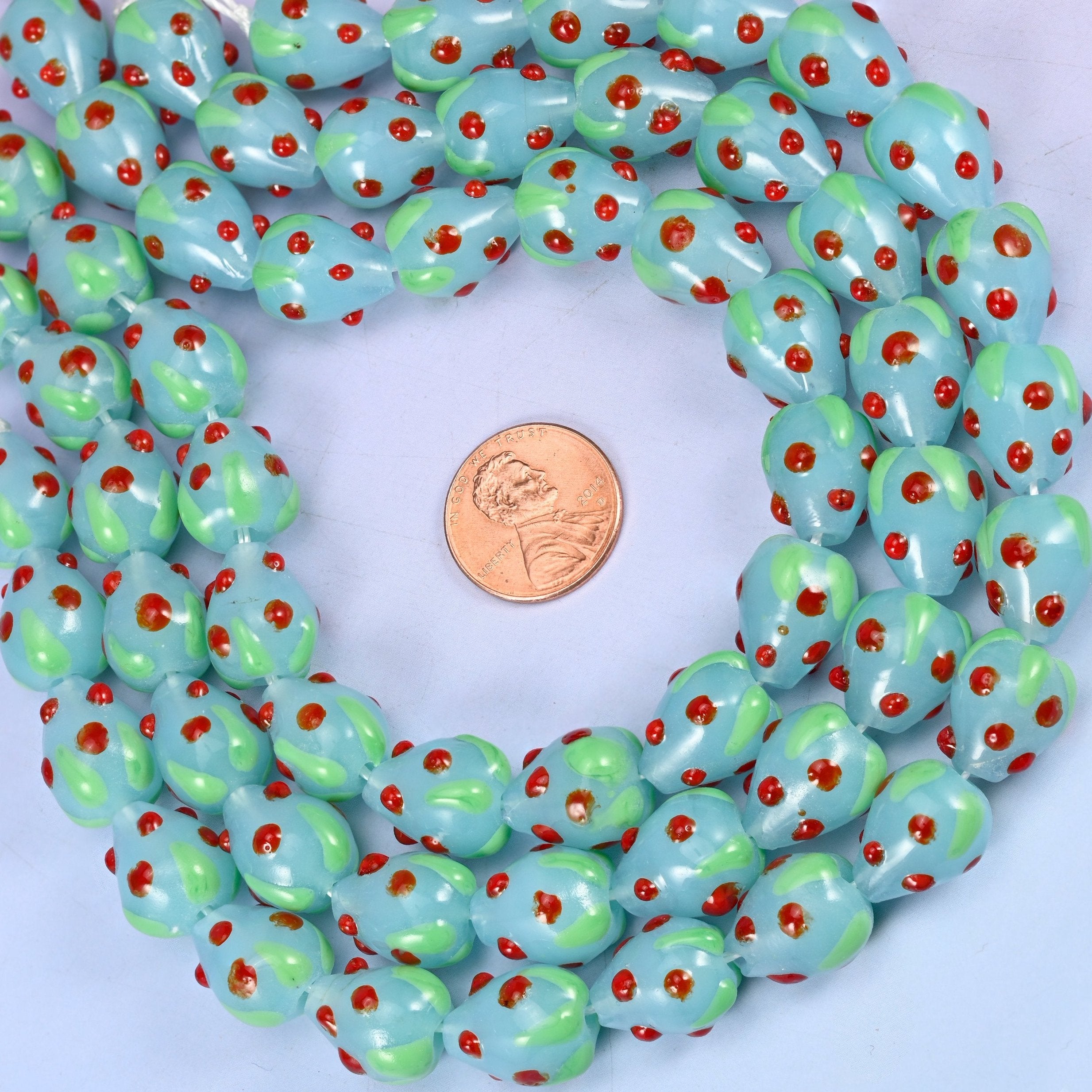 Light Blue Red Dots Strawberry Glass Beads, sold per 12 inch strand, 20 beads