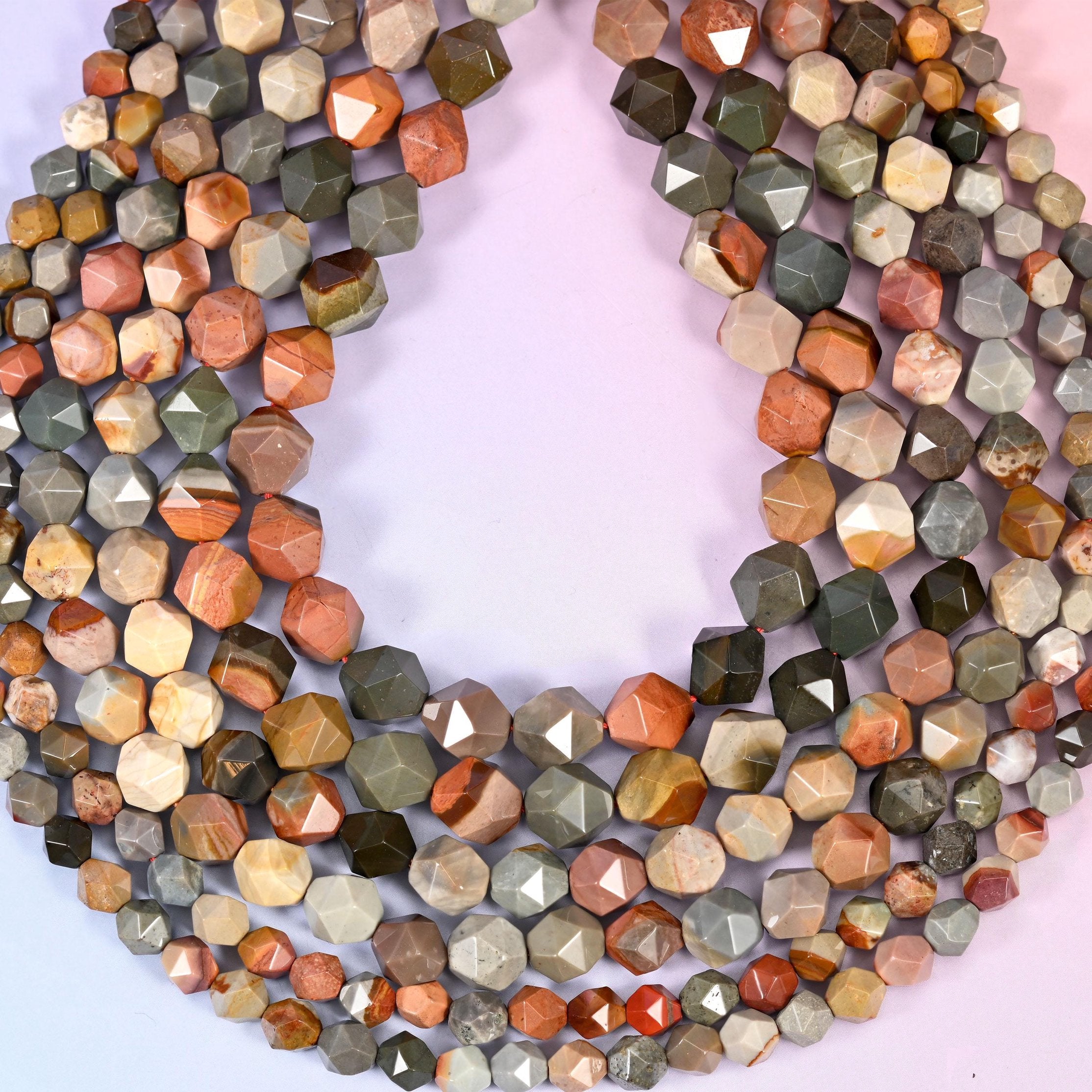 American Picture Jasper Faceted Diamond Star Cut Beads 6mm 8mm 10mm, hole approximately 1.0mm (+/- 0.2mm)