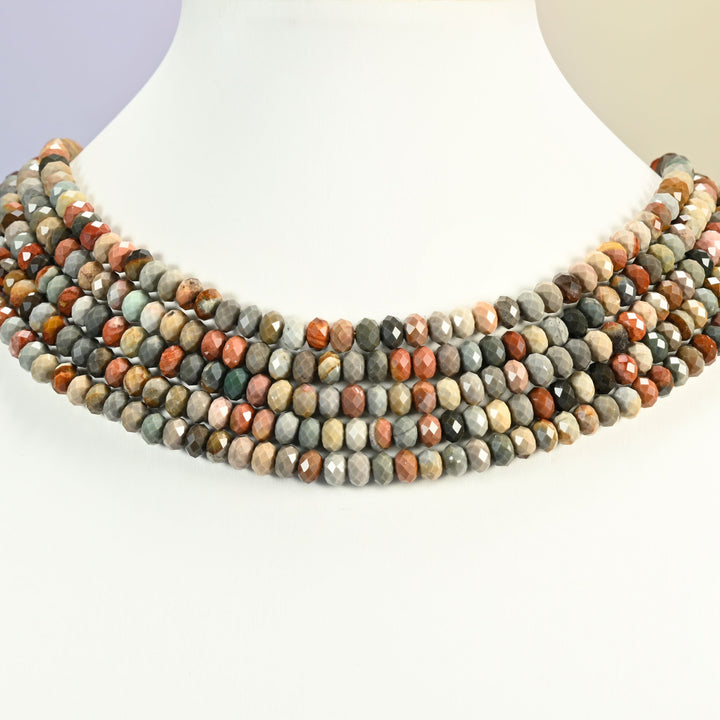 American Picture Jasper gemstone rondelle beads 4x6mm shown on a white neck display as a layered necklace