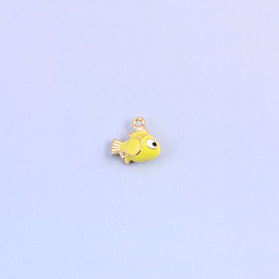 Fish charm in profile, 12.27 x 11.58mm with a small ring for a jump ring or chain.