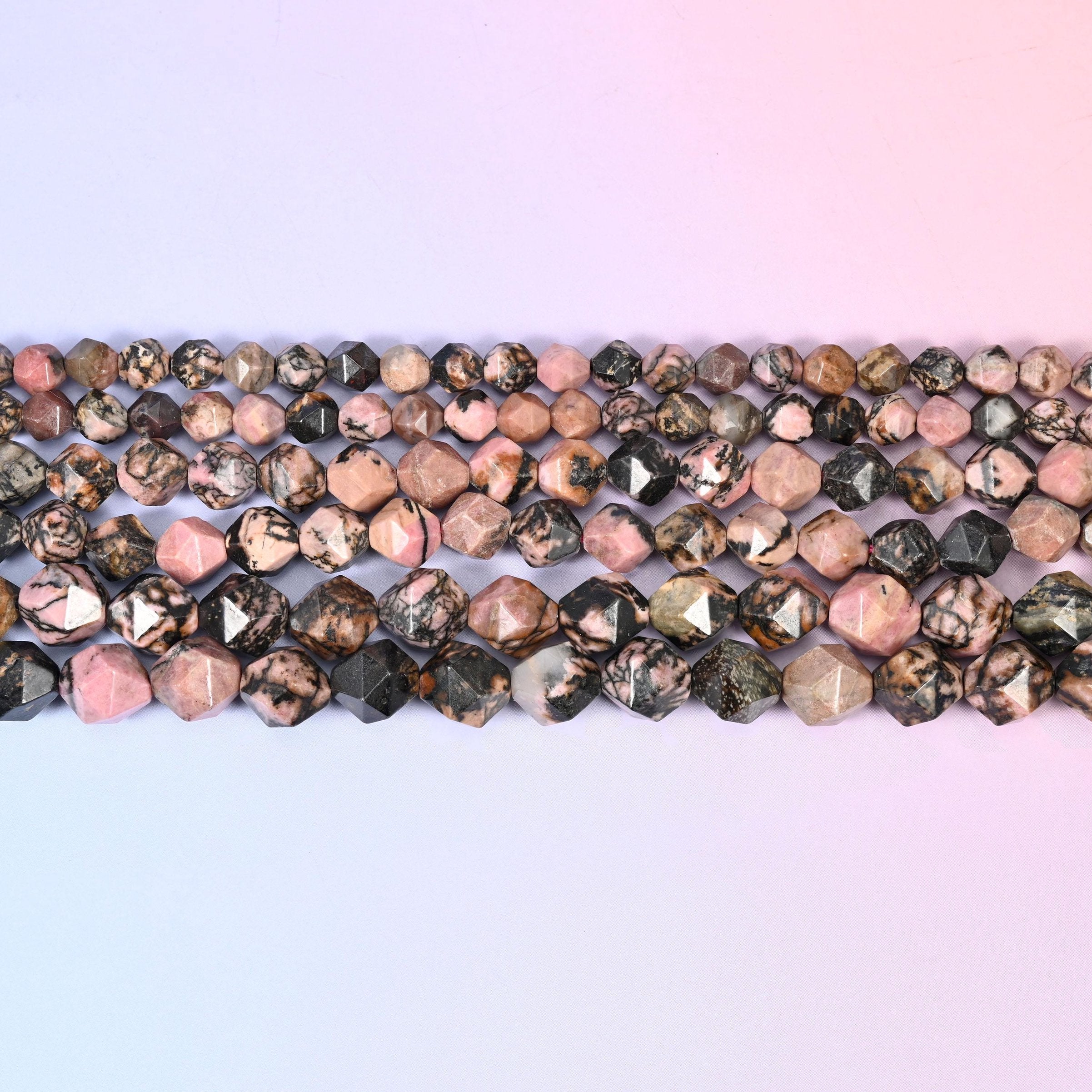 Black Line Rhodonite Faceted Diamond Star Cut Beads in soft rose pink with black dendritic veining