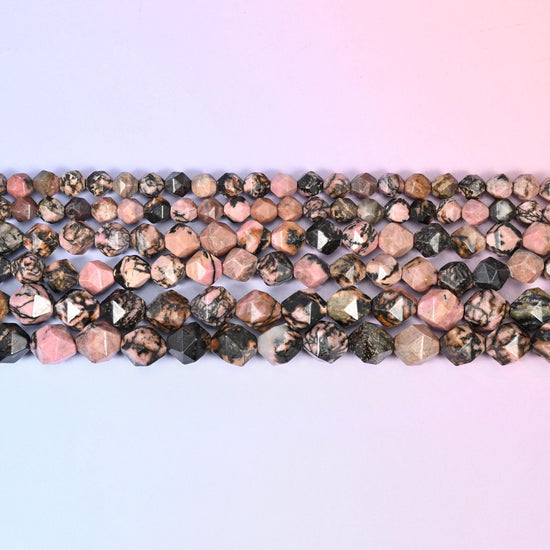 Black Line Rhodonite Faceted Diamond Star Cut Beads in soft rose pink with black dendritic veining